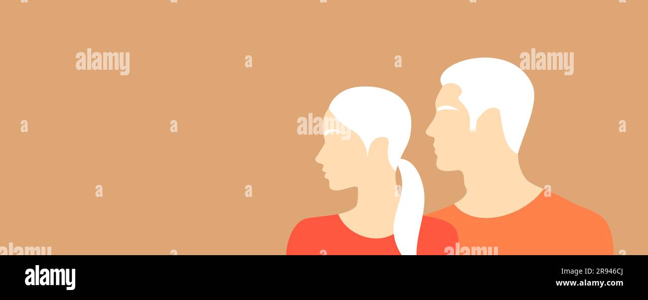 Profili di donna e uomo albino su un morbido sfondo arancione con spazio per la copia Illustrazione Vettoriale