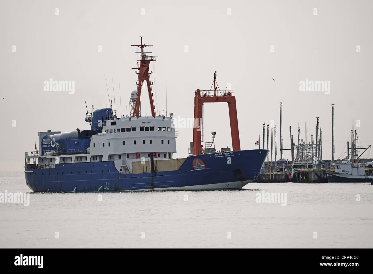 La Polar Prince, la principale nave di supporto per il sommergibile Titano, arriva al porto di St John e' a Terranova, Canada. Paul-Henri Nargeolet, Hamish Harding, Stockton Rush, Shahzada Dawood e suo figlio diciannovenne Suleman, morirono dopo che il sommergibile Titan scomparso subì una catastrofica implosione mentre cercava di raggiungere il Titanic. Data foto: Sabato 24 giugno 2023. Foto Stock