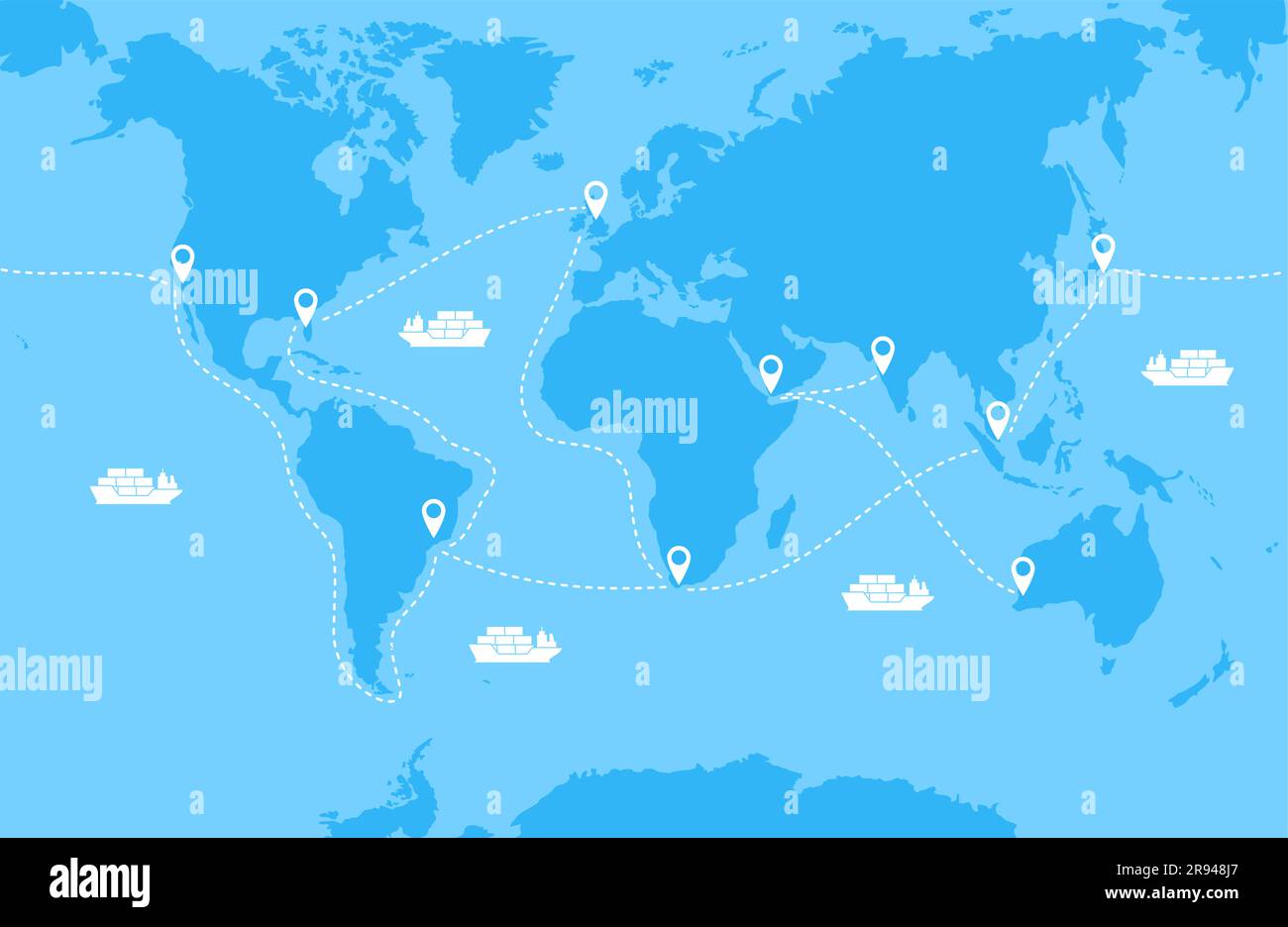 Mappa blu del mondo con navi bianche e percorsi di trasporto marittimo. Illustrazione vettoriale Illustrazione Vettoriale