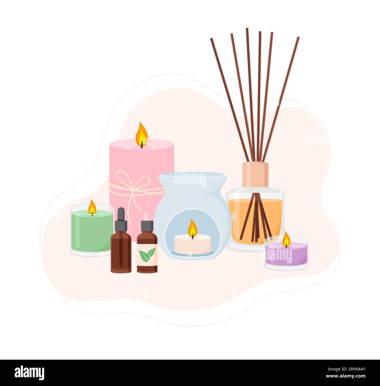 Composizione della lampada aromatica, del diffusore, delle candele e degli oli essenziali. Accessori per aromaterapia, illustrazione vettoriale in stile piatto Illustrazione Vettoriale