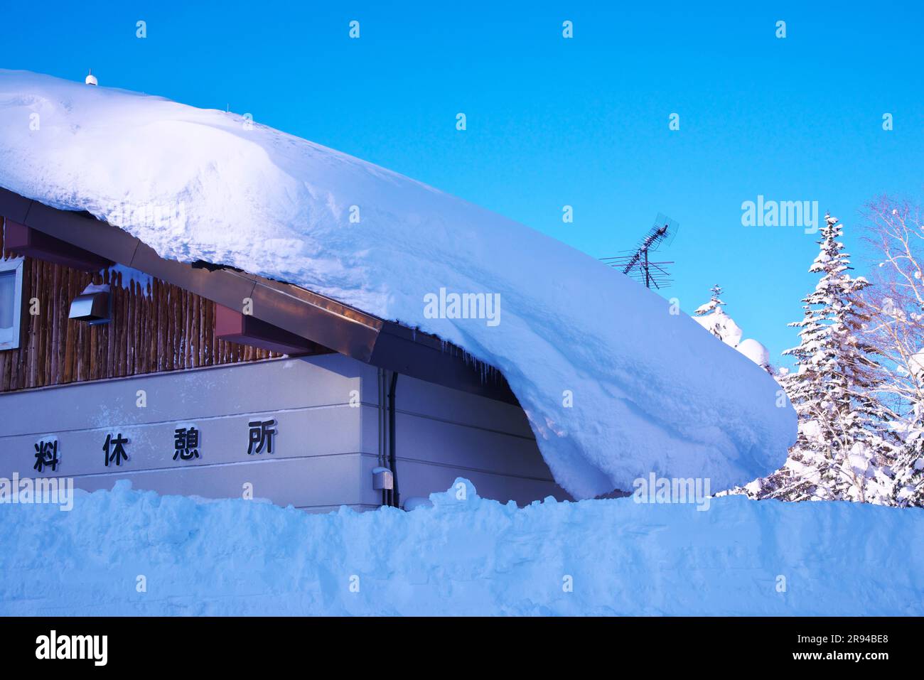 Neve sul tetto del centro visitatori di Asahidake Foto Stock
