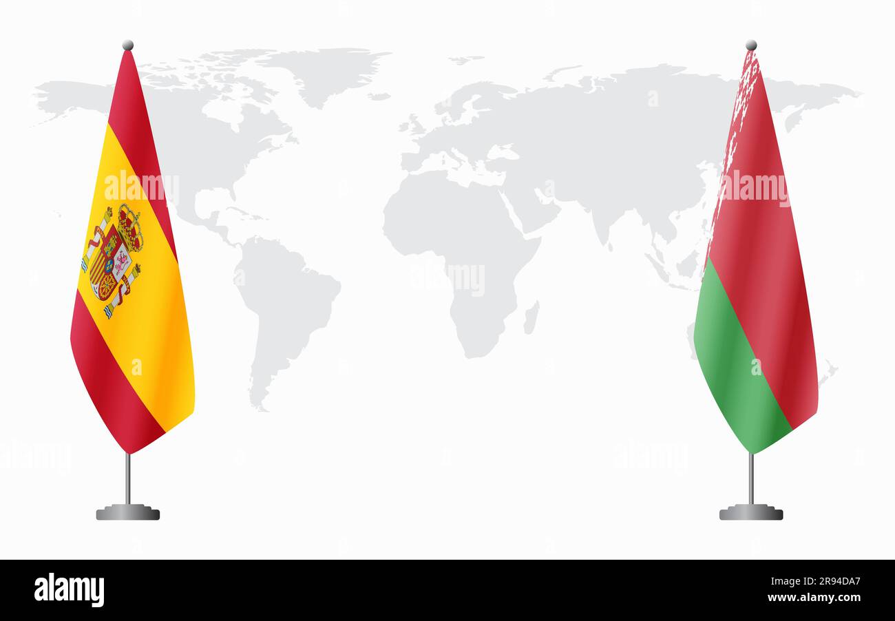 Bandiere spagnole e bielorusse per incontri ufficiali sullo sfondo della mappa mondiale. Illustrazione Vettoriale