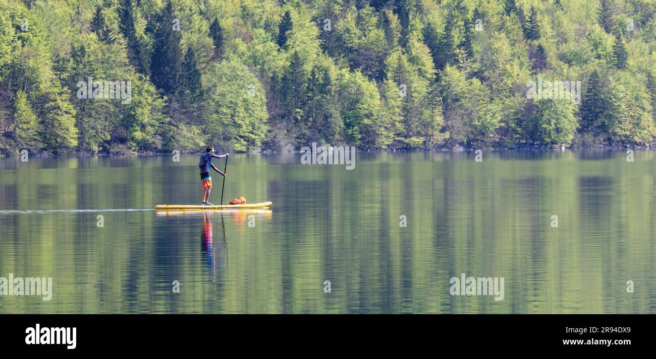 Pagaia in solitaria con escursione al lago Bohinj, al Parco Nazionale del Triglav, alta Carniola, Slovenia. Foto Stock
