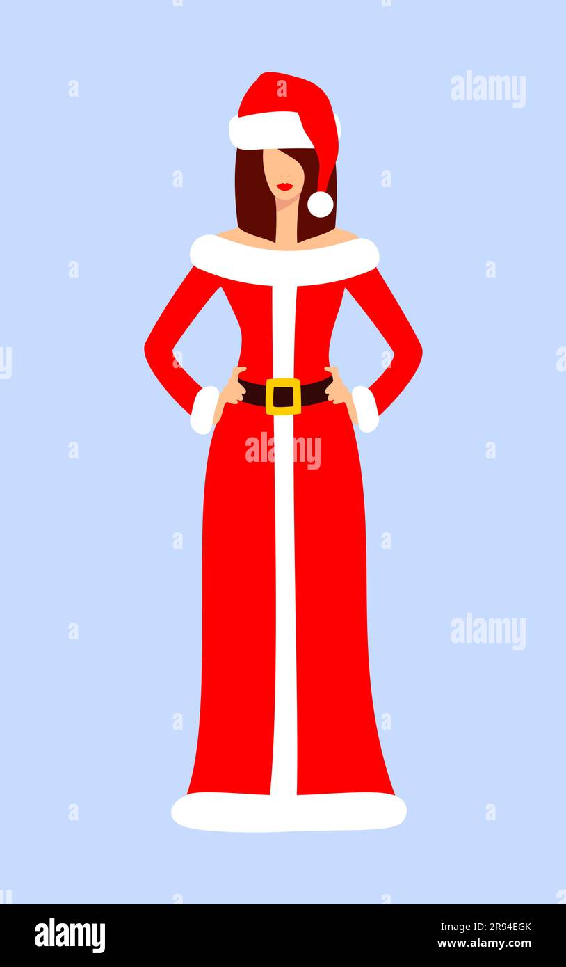 Bella signora Claus dai capelli castani in rosso con un vestito bianco e un cappello su sfondo blu. Personaggio natalizio. Illustrazione del vettore piatto Illustrazione Vettoriale