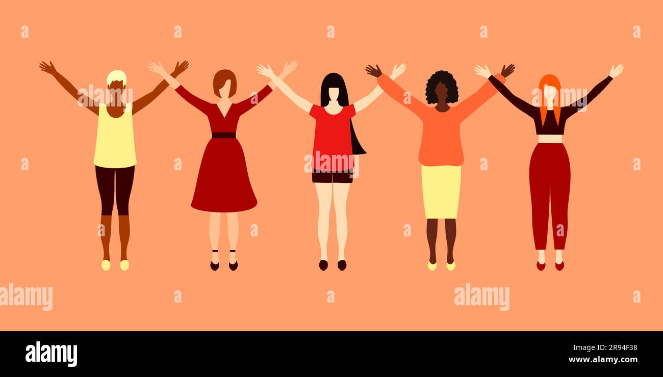 Donne di pelle, capelli e vestiti diversi, con le mani sollevate. Giornata internazionale della donna. Il concetto di amicizia femminile, diversità An Illustrazione Vettoriale