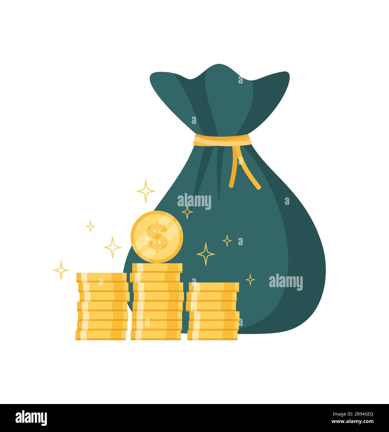 Una borsa di denaro e una pila di monete d'oro isolate su uno sfondo bianco. Illustrazione del vettore piatto Illustrazione Vettoriale