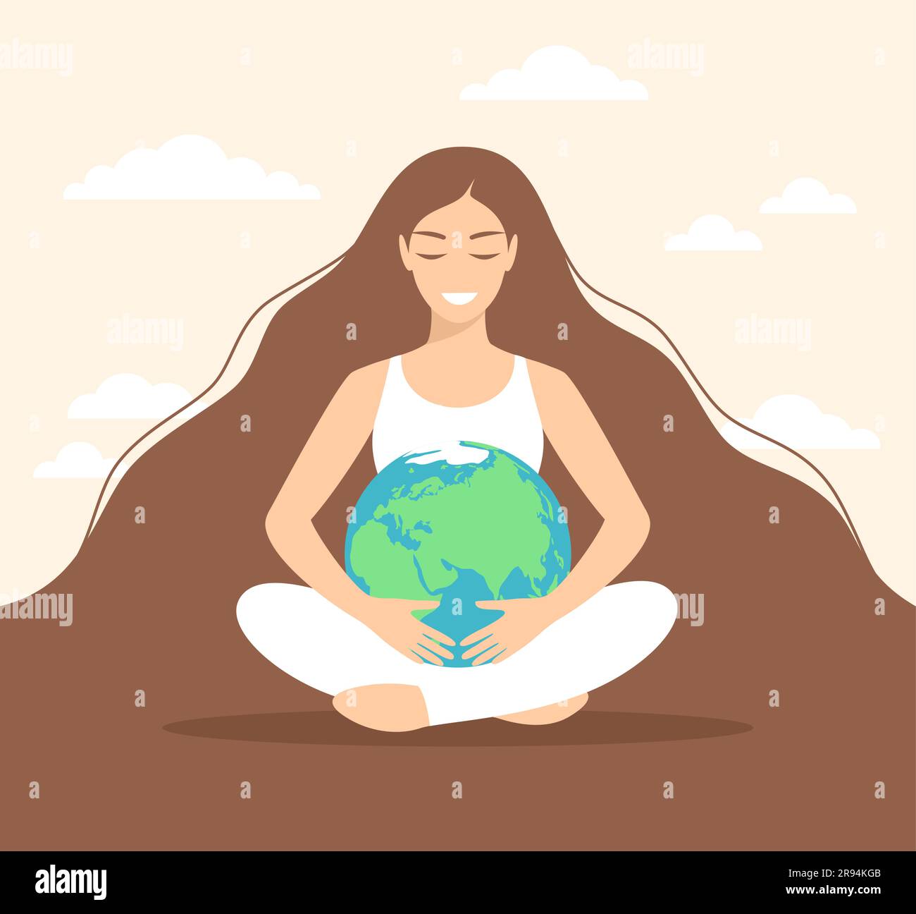 Giovane donna sorridente con capelli lunghi seduta in posizione di loto e abbracciando il pianeta Terra. Cura e protezione dell'ambiente Illustrazione Vettoriale