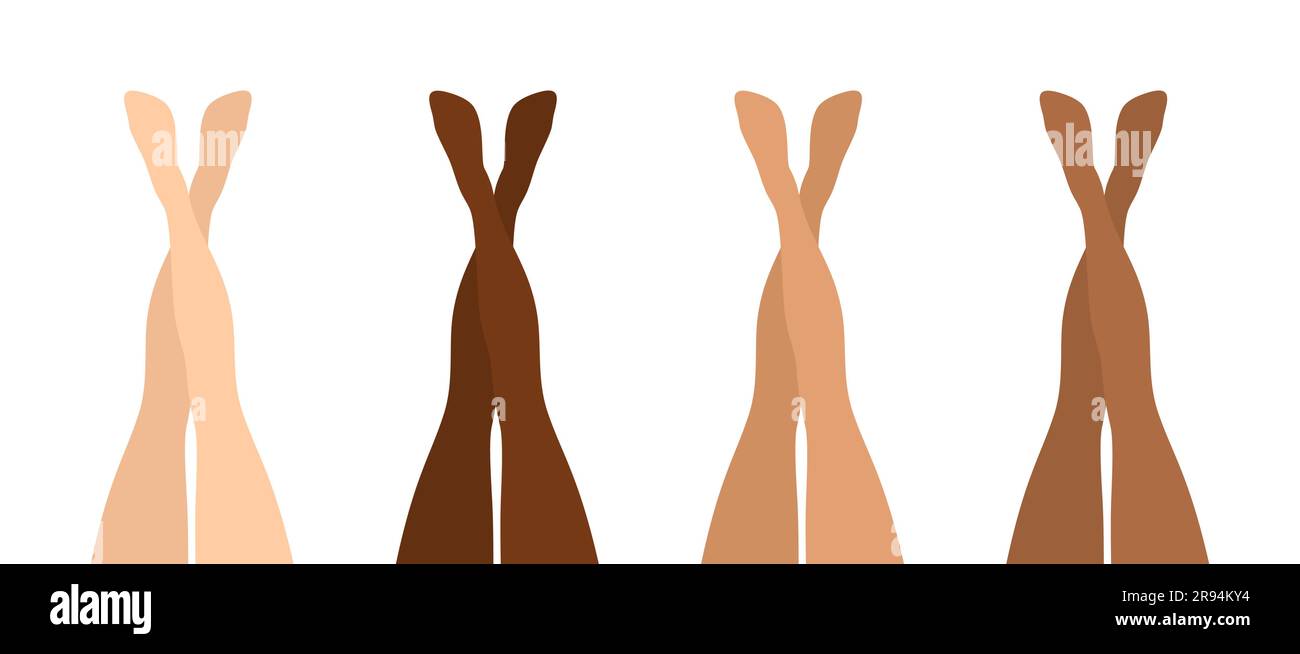 Bellissime gambe femminili incrociate rialzate di diverso colore della pelle isolate su sfondo bianco. Illustrazione del vettore piatto Illustrazione Vettoriale