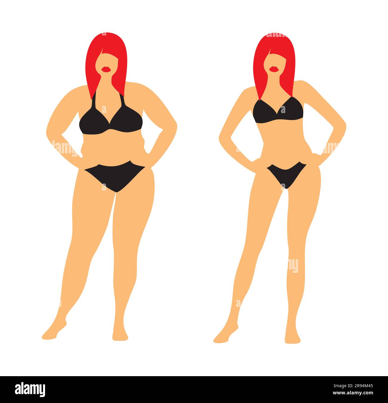 Donne grasse e magre con capelli rossi in costume da bagno nero frontale su sfondo bianco. Illustrazione vettoriale prima e dopo la perdita di peso. Illustrazione Vettoriale