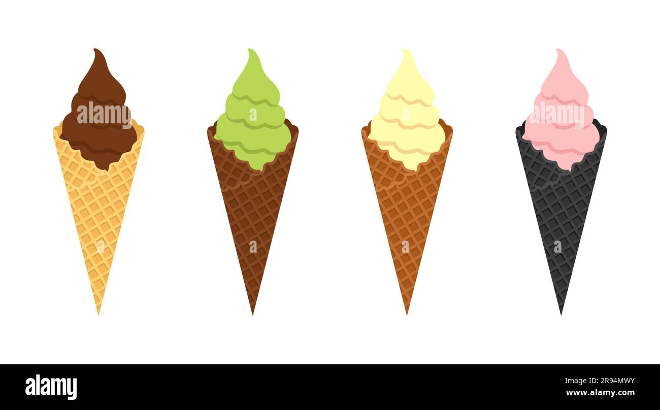 Gelato al cioccolato, al pistacchio verde, alla vaniglia e alla bacca rosa con coni cialde gialle, marroni e nere isolati su fondo bianco. Gelato vettoriale Illustrazione Vettoriale