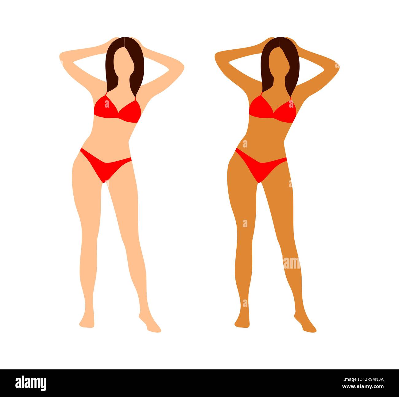 Donna in bikini rosso a tutta altezza prima e dopo l'abbronzatura istantanea su sfondo bianco Illustrazione Vettoriale