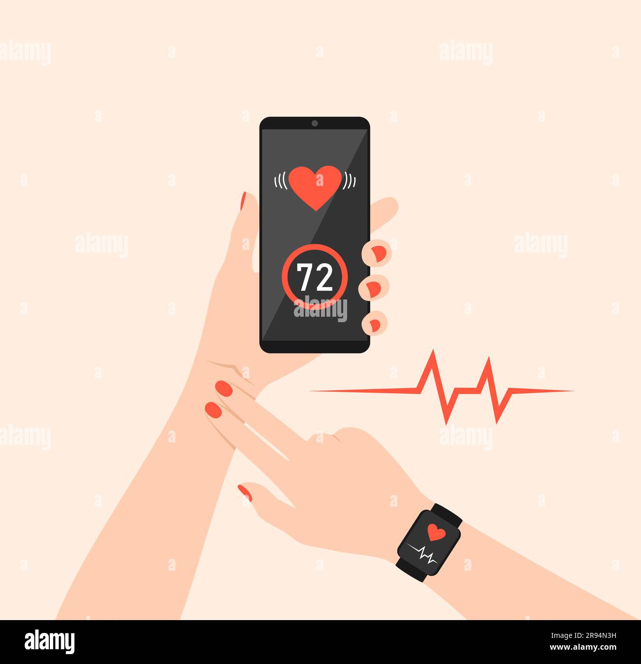 Mani con smartphone e fitness tracker. Monitoraggio della frequenza cardiaca con un braccialetto fitness e un'app per telefono. Illustrazione vettoriale in stile piatto Illustrazione Vettoriale