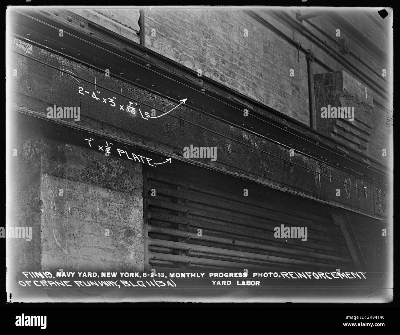 Edificio 11 (34), rinforzo della passerella della gru. Vetri negativi della costruzione e riparazione di edifici, strutture e navi presso il New York Navy Yard. Foto Stock