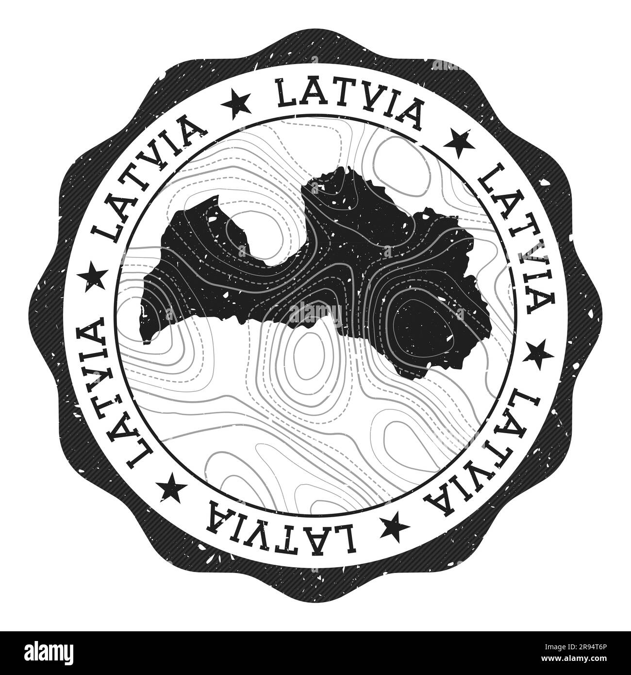 Francobollo all'aperto della Lettonia. Adesivo rotondo con mappa del paese con isoline topografiche. Illustrazione vettoriale. Illustrazione Vettoriale
