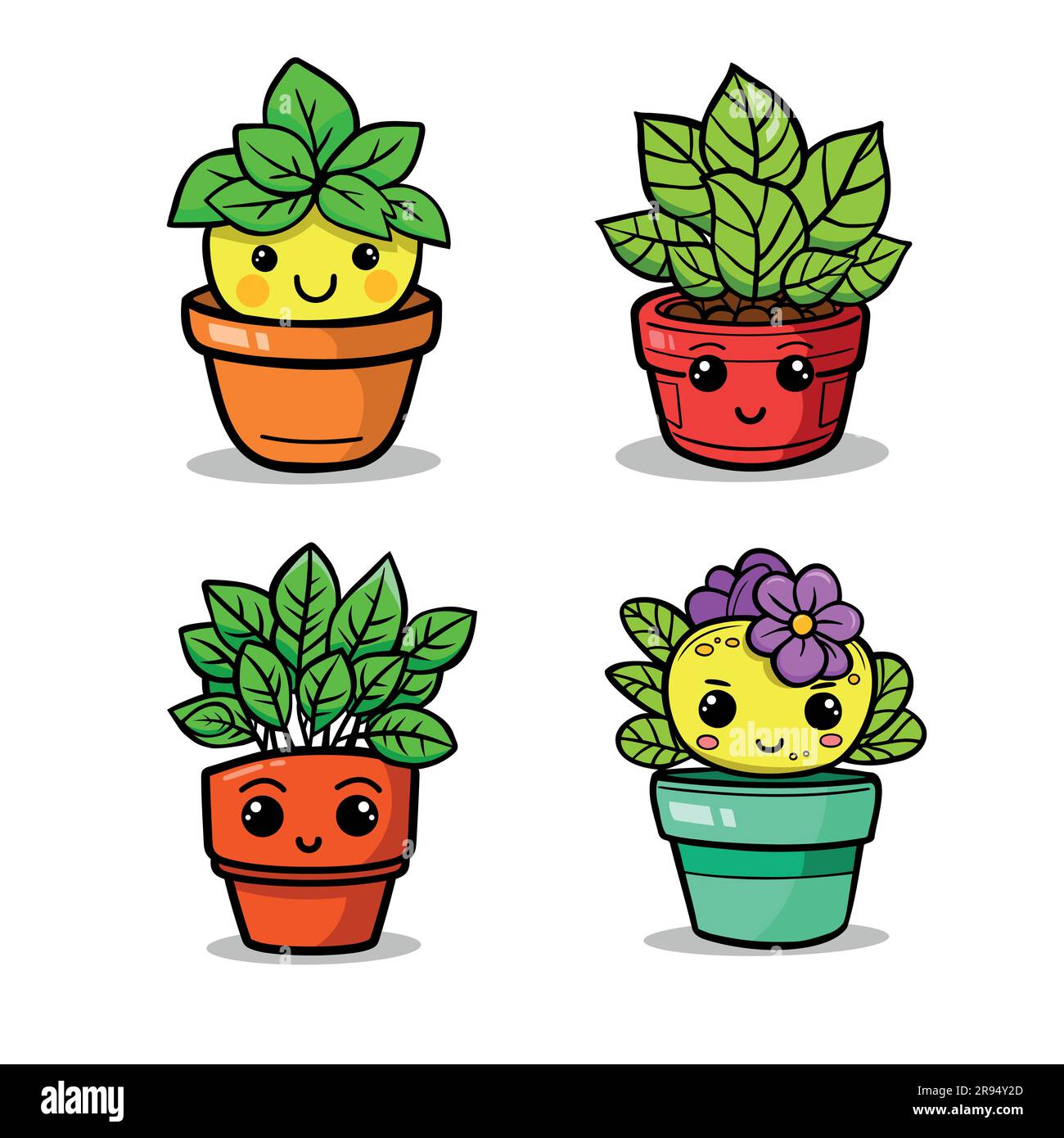Simpatici allegri e divertenti piante grasse, cactus, collezione di emoji floreali. Isolato su sfondo bianco Illustrazione Vettoriale