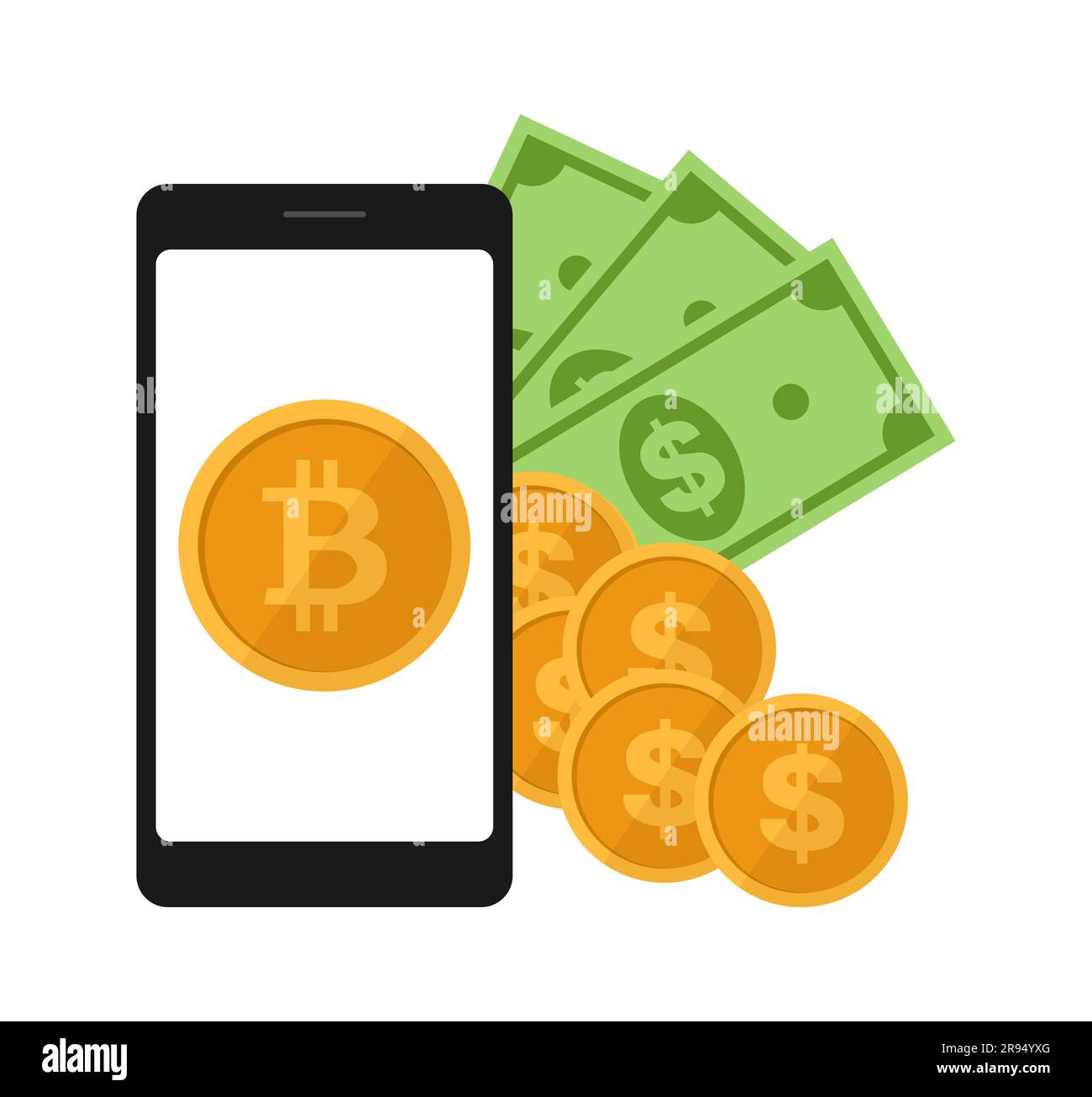 Smartphone con simbolo bitcoin e dollari di carta con monete in uscita. Tecnologia di criptovaluta e cambio bitcoin. Illustrazione del vettore piatto Illustrazione Vettoriale