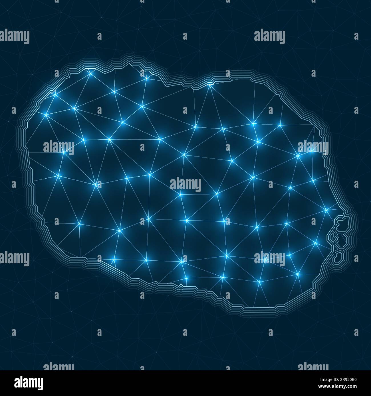 Mappa della rete Rarotonga. Mappa geometrica astratta dell'isola. Connessioni digitali e progettazione di telecomunicazioni. Rete Internet brillante. Incredibile vecto Illustrazione Vettoriale