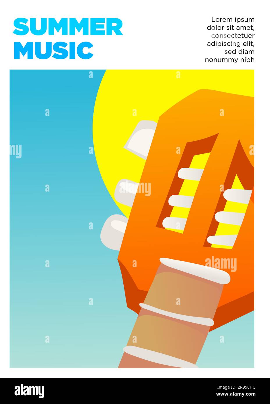 testa di chitarra e sole di una spiaggia. illustrazione vettoriale del modello di poster degli eventi del festival musicale estivo Illustrazione Vettoriale