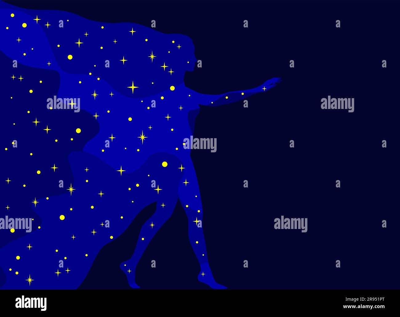 Universo blu con stelle gialle a forma di profilo femminile a tutta altezza su una panchina blu scuro. Una donna esce dallo spazio Illustrazione Vettoriale