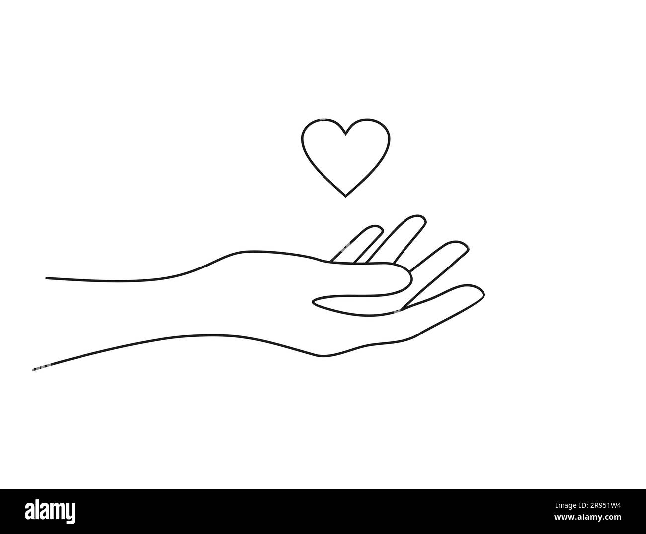 Una mano che tiene un cuore. Illustrazione vettoriale minimalista in bianco e nero in stile lineart Illustrazione Vettoriale