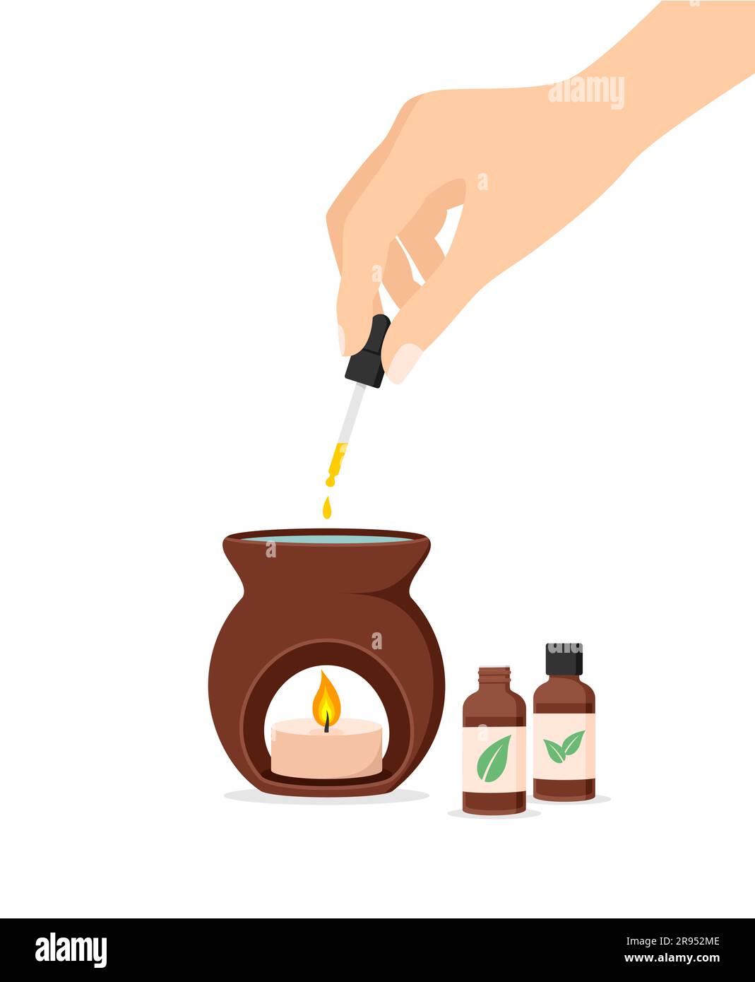 Pipetta manuale femmina con olio essenziale e gocciolamento di olio in una lampada aromatica su sfondo bianco. Illustrazione del vettore piatto Illustrazione Vettoriale