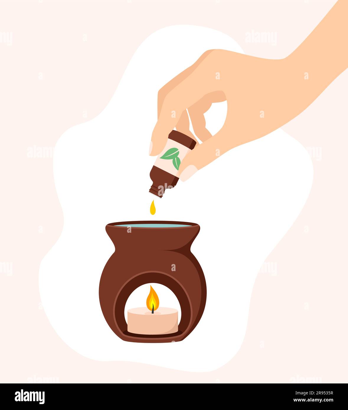 Donna che gocciola olio essenziale da una bottiglia in una lampada aromatica per aromaterapia. Illustrazione del vettore piatto Illustrazione Vettoriale
