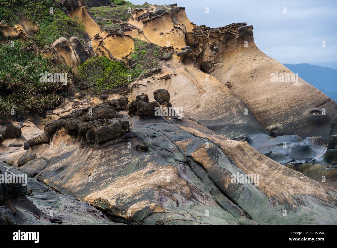 Un telefoto di una formazione rocciosa inquietante nel Geopark Yehliu. Foto Stock