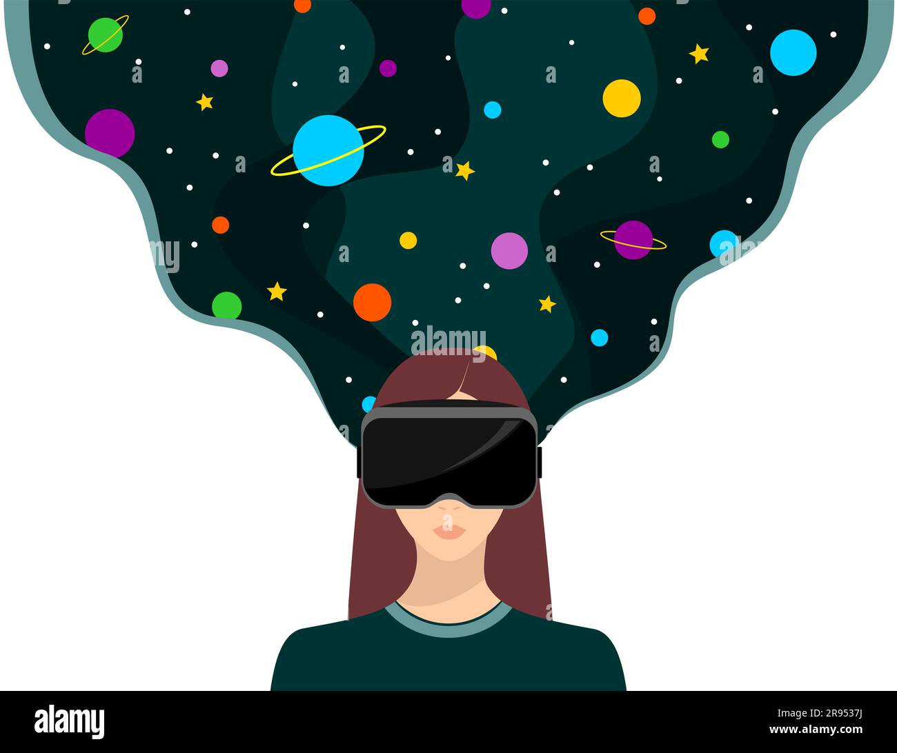 Donna con occhiali per realtà virtuale e spazio sopra di lei. Concetto di realtà virtuale. Illustrazione del vettore piatto Illustrazione Vettoriale