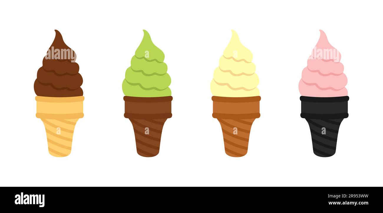 Gelato al cioccolato, al pistacchio verde, alla vaniglia e alla bacca rosa con coni cialde gialle, marroni e nere isolati su fondo bianco. Gelato vettoriale Illustrazione Vettoriale