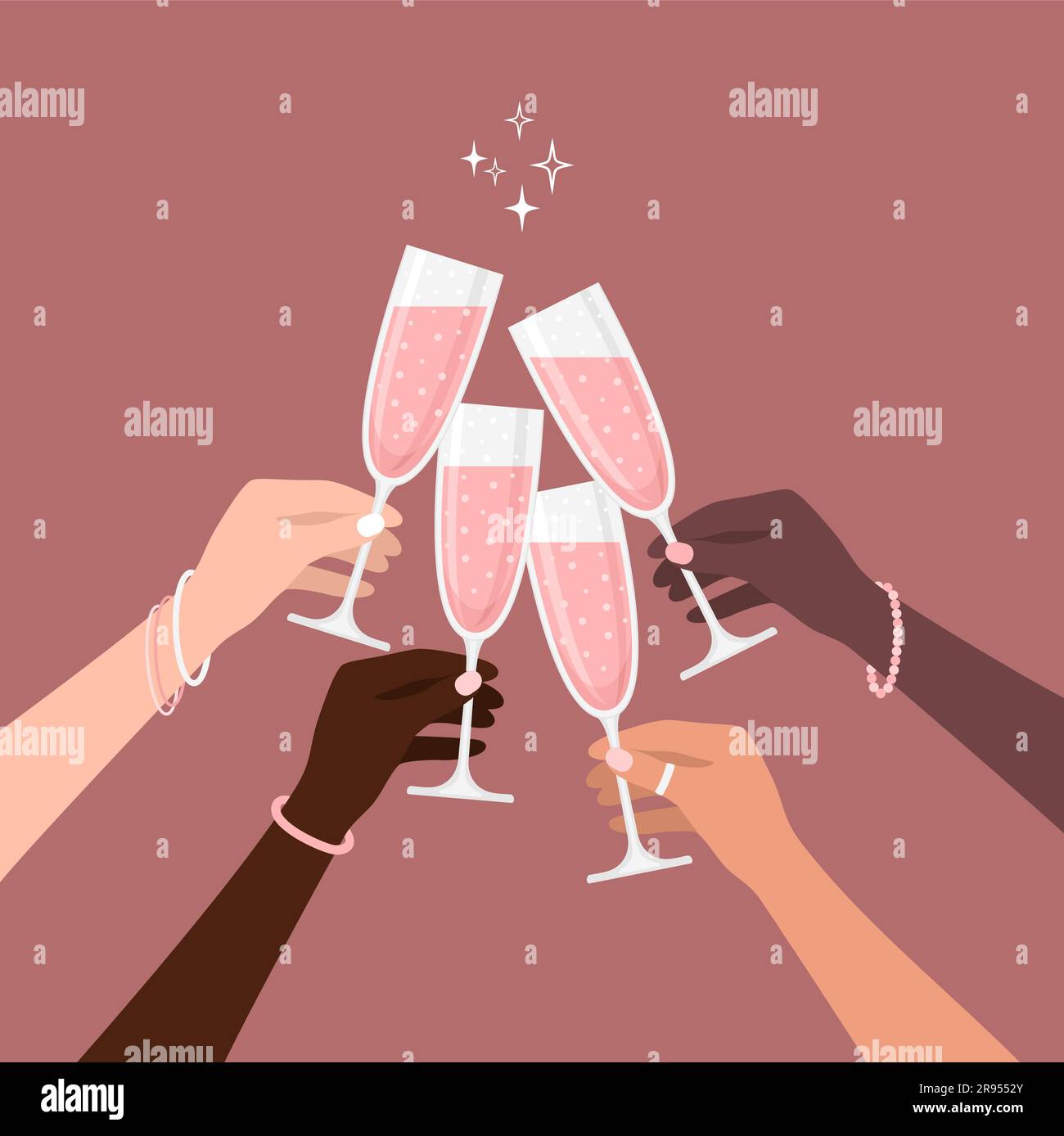 Mani femminili che reggono bicchieri di champagne rosa su uno sfondo rosso pallido. Illustrazione vettoriale in stile piatto Illustrazione Vettoriale