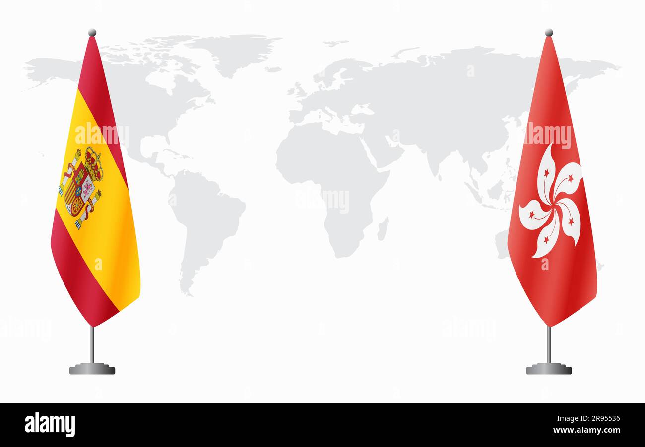 Bandiere di Spagna e Hong Kong per riunioni ufficiali sullo sfondo della mappa mondiale. Illustrazione Vettoriale