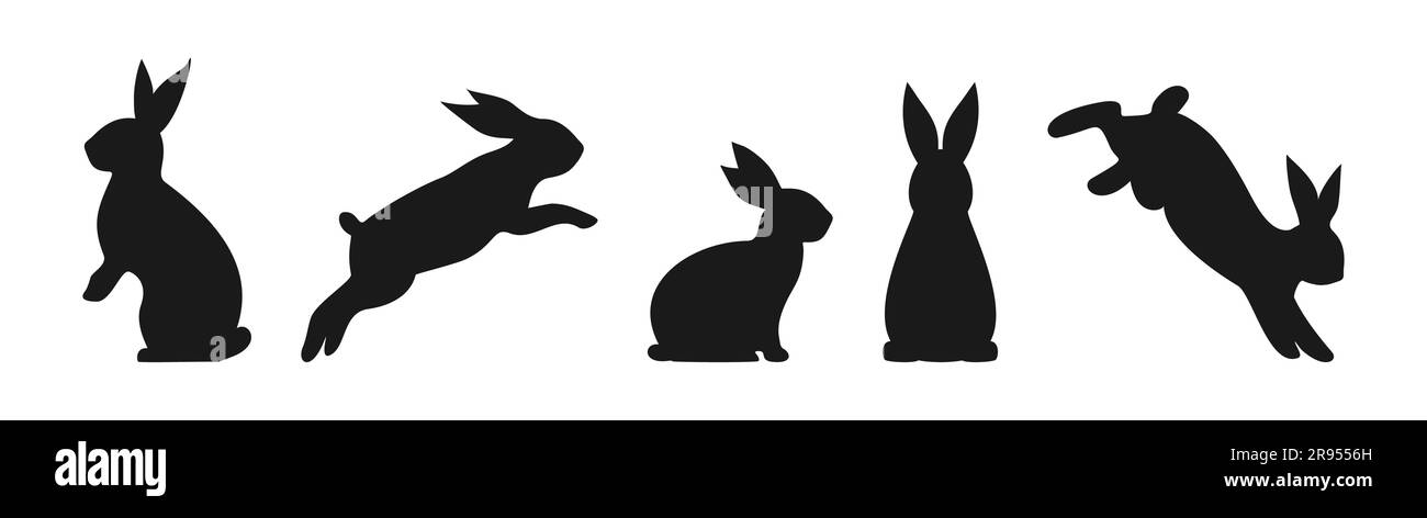 Silhouette nere di coniglietti pasquali isolate su sfondo bianco. Illustrazione vettoriale Illustrazione Vettoriale