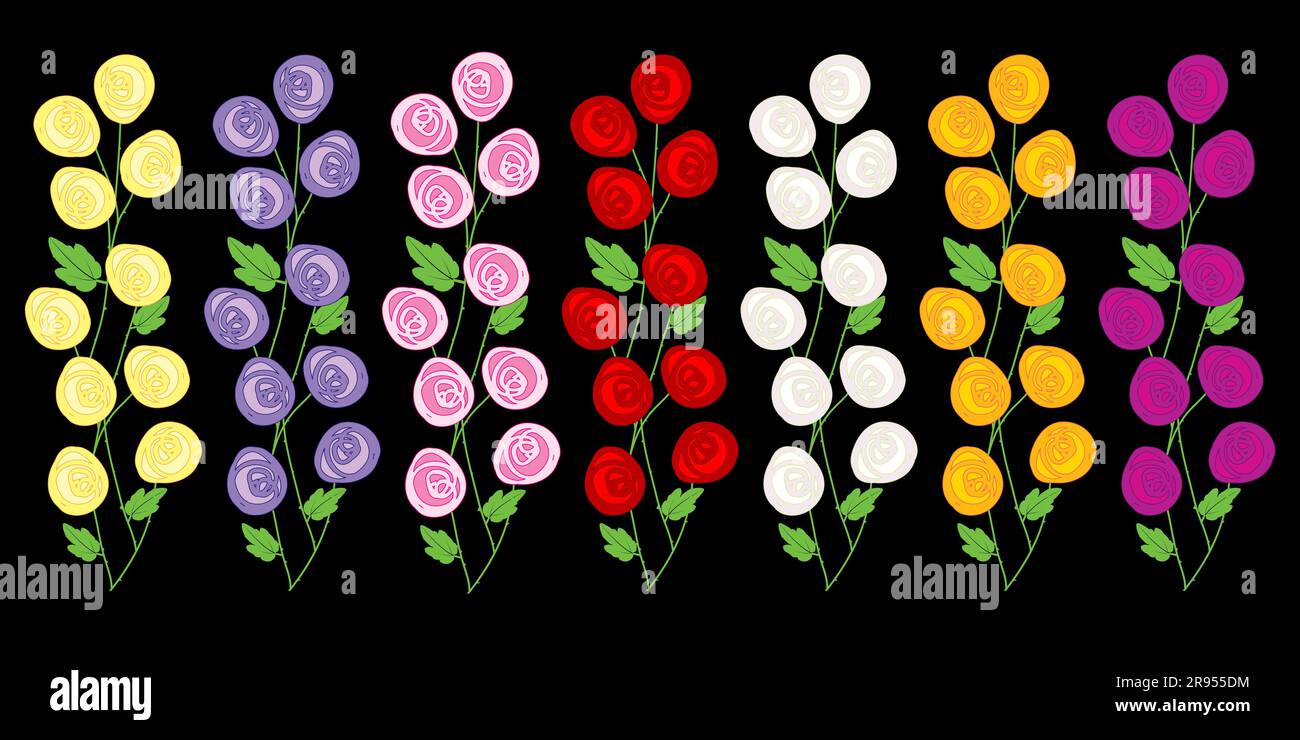 Fila con ciuffi di rose stilizzate in fiore Illustrazione Vettoriale