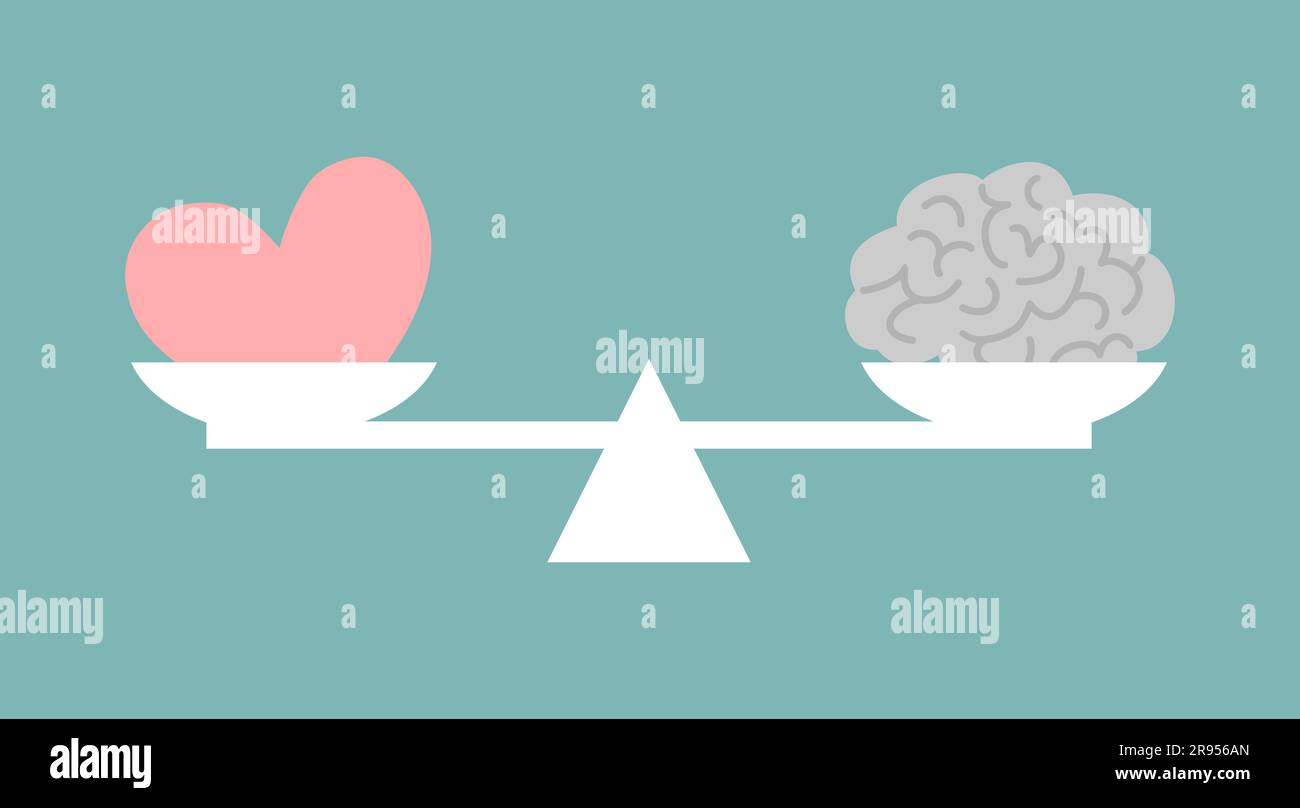 Cuore e cervello su scale. Equilibrio tra emozioni e mente. Illustrazione vettoriale in stile piatto Illustrazione Vettoriale