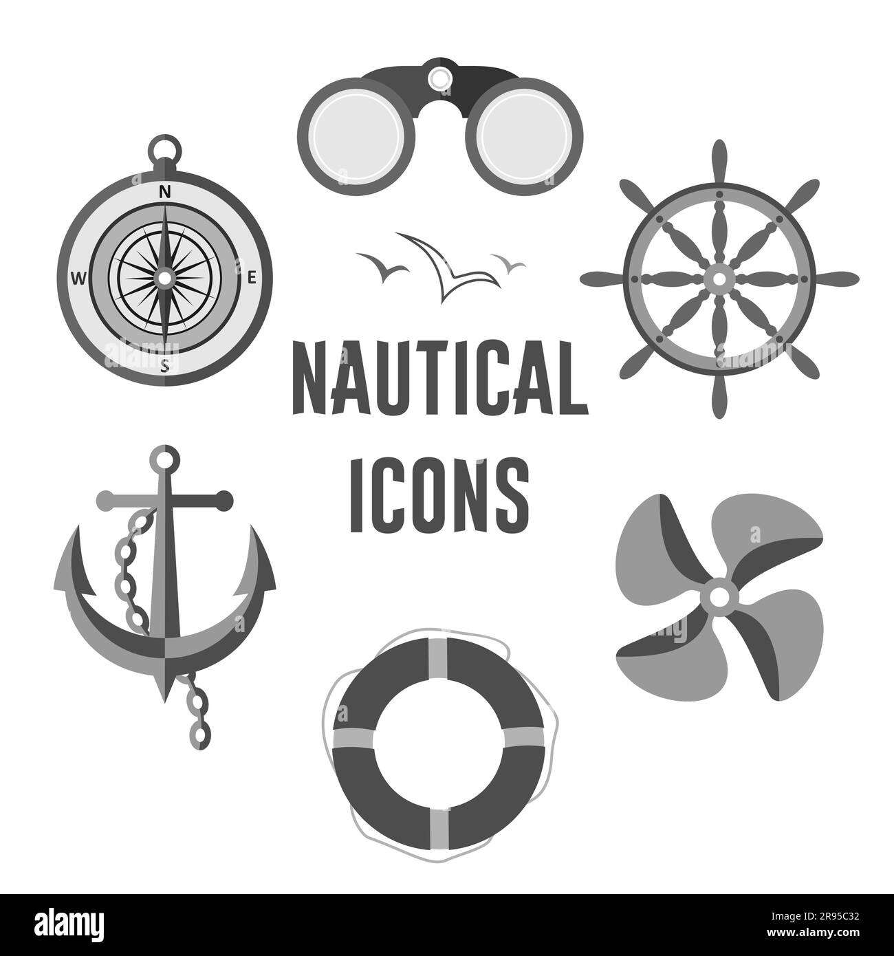 Serie vettoriale di icone nautiche grigie. Lifebuoy, bussola, ancoraggio con catena, volante, binocolo ed elica di spedizione su sfondo bianco Illustrazione Vettoriale