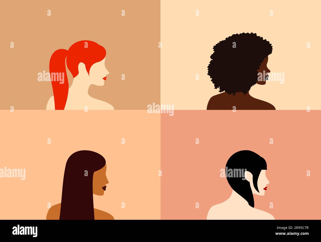 Quattro belle donne di diversa pelle, capelli ed etnia di profilo. Illustrazione del vettore piatto Illustrazione Vettoriale