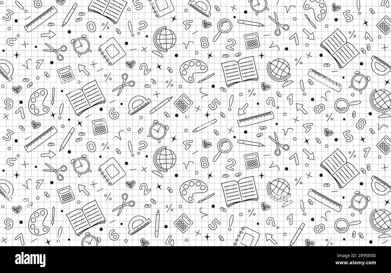 Sfondo bianco grafico con icone nere di cancelleria scolastica disegnate a mano. Concetto di ritorno a scuola. Illustrazione vettoriale Illustrazione Vettoriale
