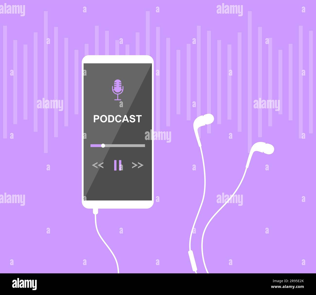 Smartphone mobile con app podcast sullo schermo e auricolari su sfondo viola con onde sonore. Illustrazione del vettore piatto Illustrazione Vettoriale