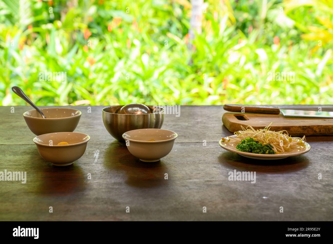Ingredienti locali e utensili da cucina sono pronti per cucinare i pancake Hoi An presso la scuola di cucina Red Bridge, alla periferia di Hoi An, in Vietnam. Foto Stock