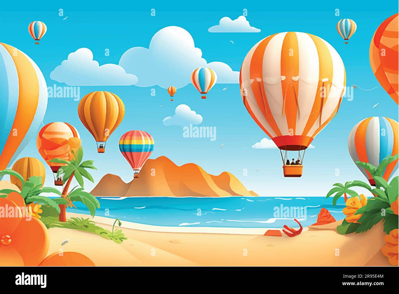 Illustrazione vettoriale del concetto di design di banner vettoriali estivi su Beach Island con elementi estivi e palloncini su sfondo blu Illustrazione Vettoriale