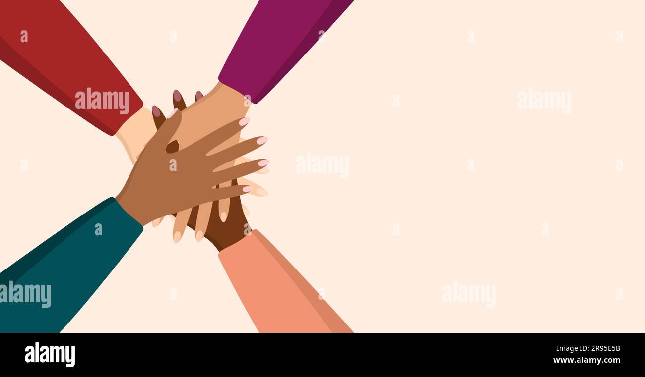 Persone di diversa etnia che mettono insieme le mani in un gesto di unità su uno sfondo beige con spazio di copia. Concetto di sostegno e cooperazione Illustrazione Vettoriale