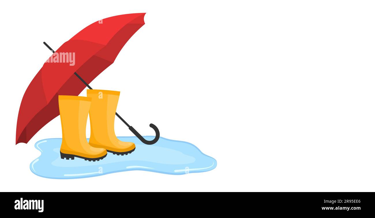 Stivali in gomma gialli in pozzanghera sotto un ombrello rosso su sfondo bianco con spazio per la copia. Illustrazione del vettore piatto Illustrazione Vettoriale