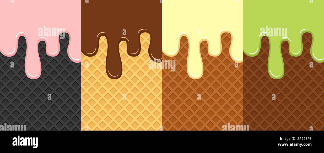 Set di waffle con gelato fluente. Waffle gialli, marroni e neri. Rosa, cioccolato, vaniglia, gelato verde. Illustrazione del vettore piatto Illustrazione Vettoriale