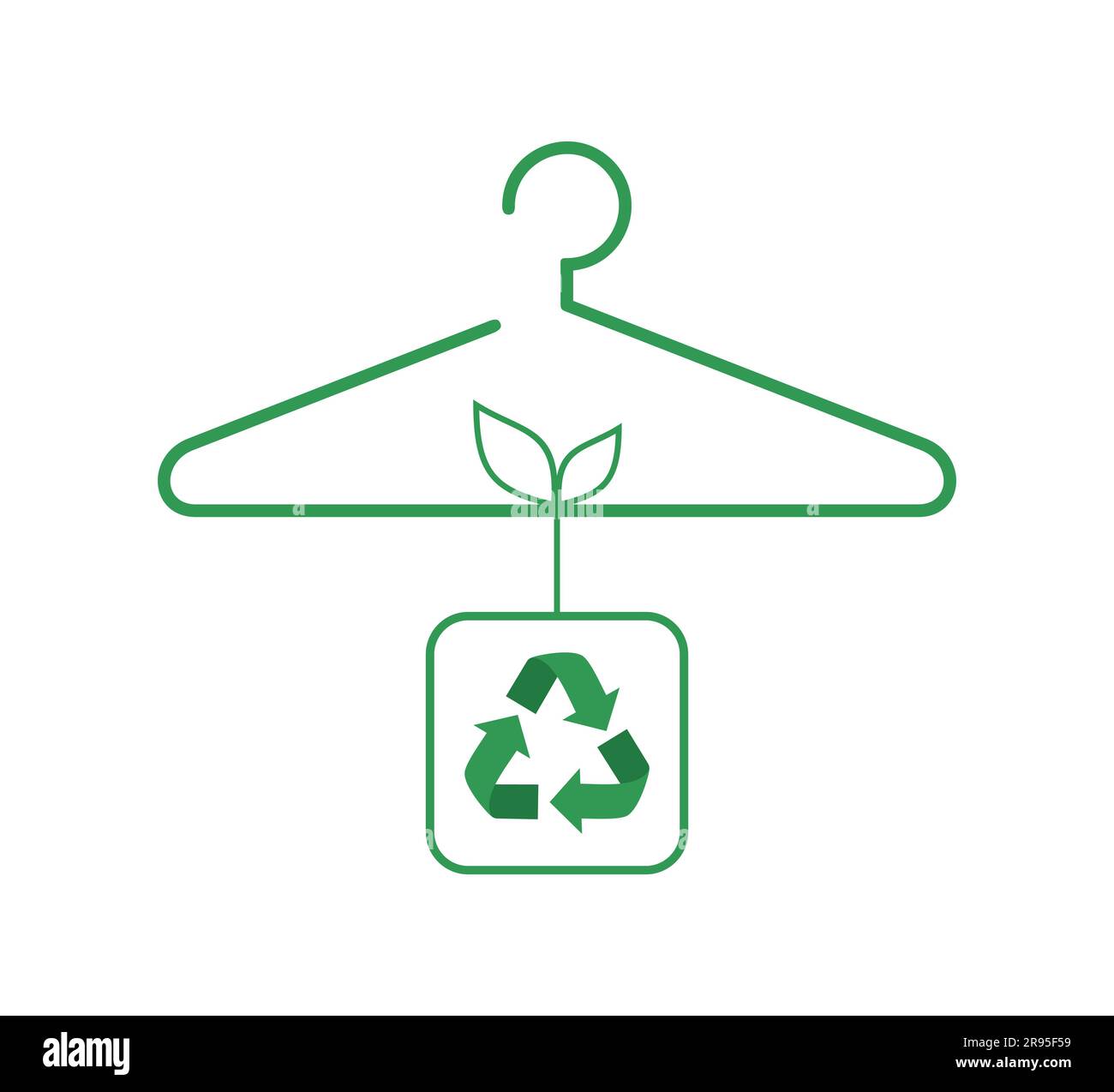 Un gancio verde con un cartello di riciclaggio e foglie. Concetto di moda lenta. Illustrazione vettoriale Illustrazione Vettoriale