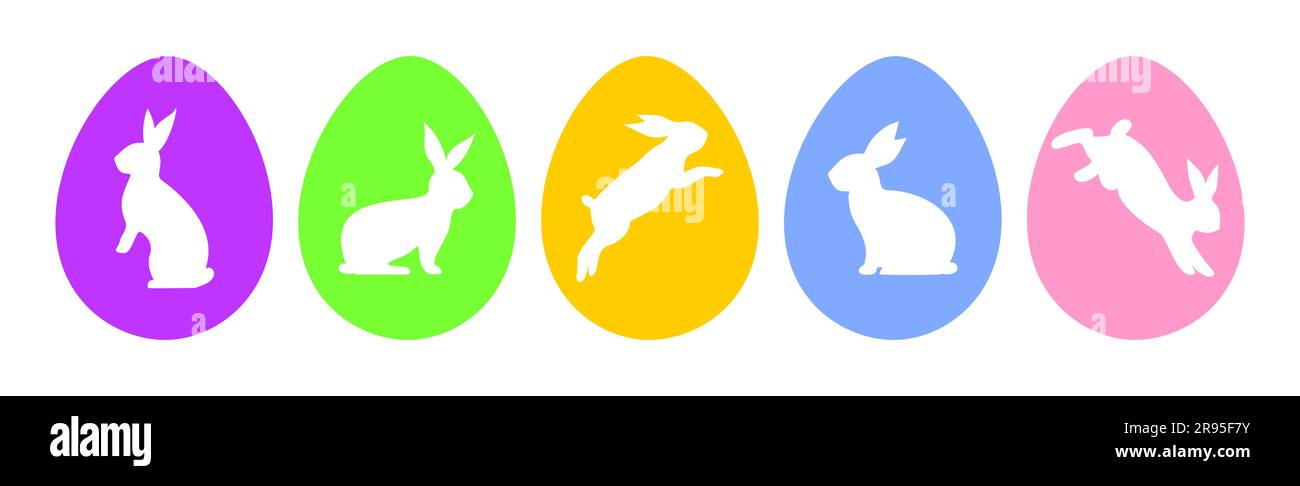 Uova di Pasqua multicolore con conigli bianchi isolati su sfondo bianco Illustrazione Vettoriale