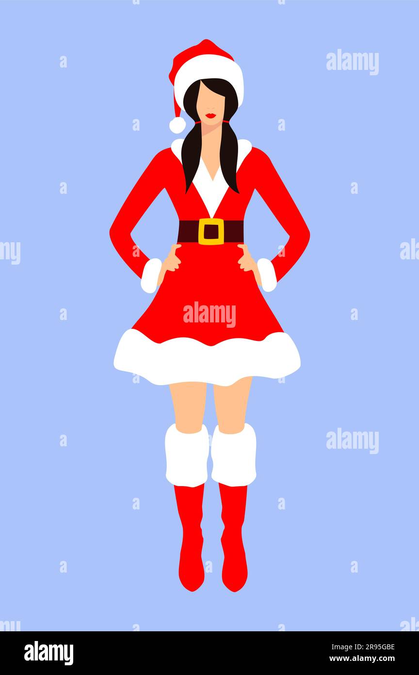 Bella signora Claus con code di cavallo in abito corto rosso e bianco, cappello e scarpe su sfondo blu. Personaggio natalizio. Illustrazione del vettore piatto Illustrazione Vettoriale