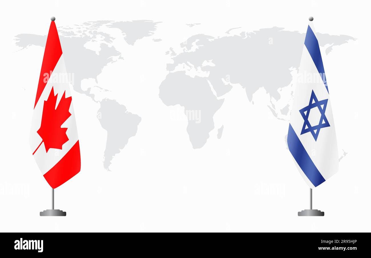 Canada e Israele bandiere per un incontro ufficiale sullo sfondo della mappa mondiale. Illustrazione Vettoriale