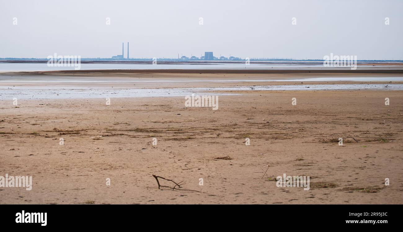 Terribile disastro paesaggio ecocide del bacino idrico di Kakhovka nella regione di Zaporizhzhia a seguito del danneggiamento della diga di Kakhovka il 6 giugno 2023 con Zap Foto Stock