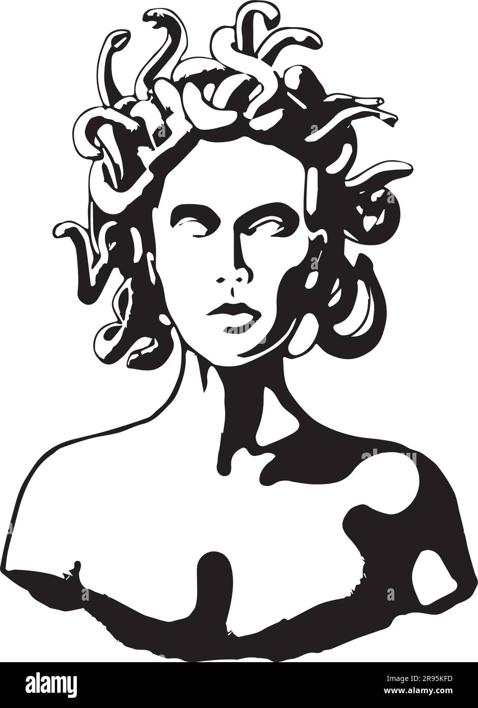 Potere mistico: Illustrazione a metà busto di Medusa, la leggendaria Gorgon, stencil vettoriale in bianco e nero Illustrazione Vettoriale