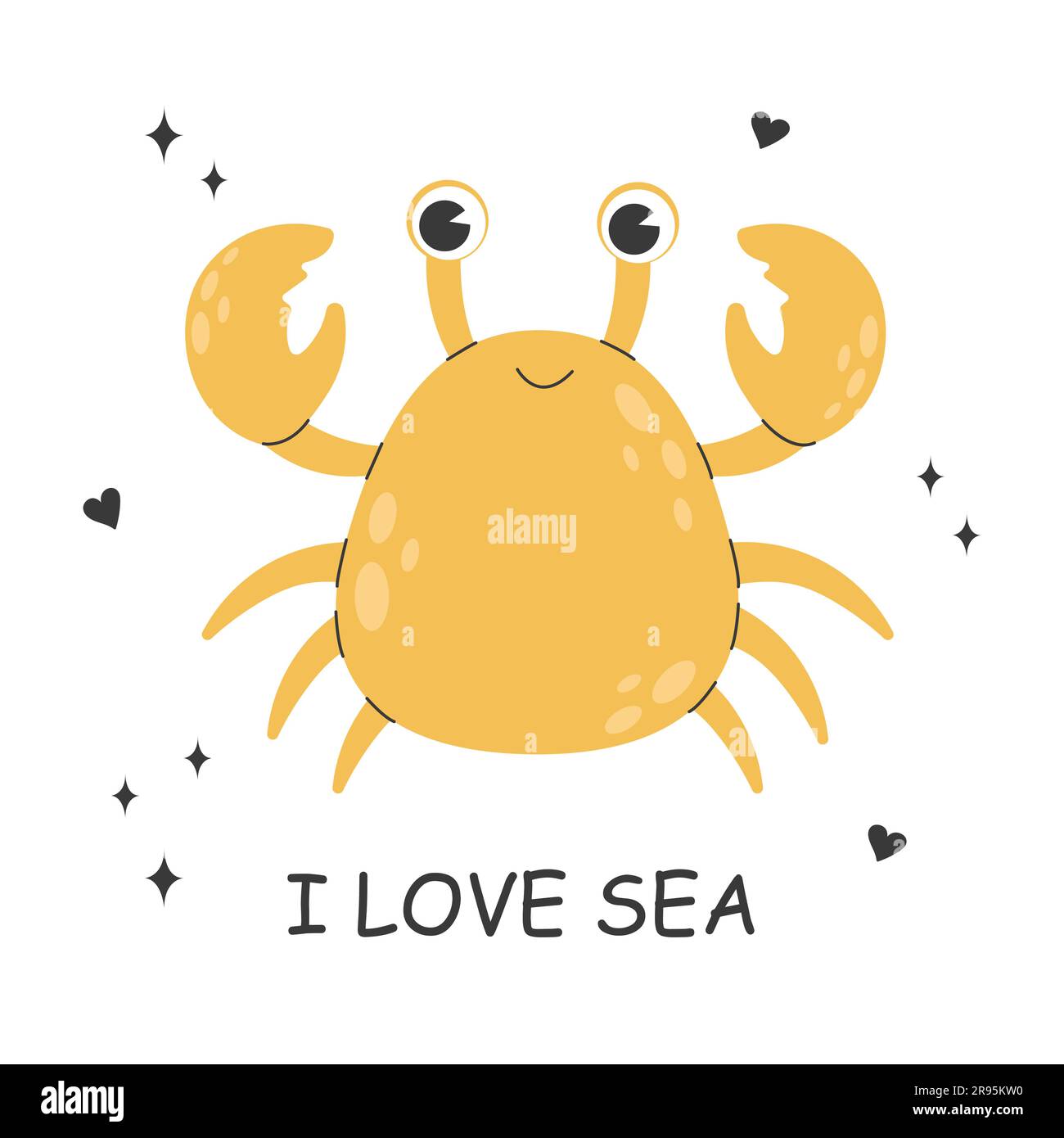 Granchio di mare carino. Granchio di mare disegnato carattere. Illustrazione Vettoriale